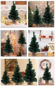 Mini green Christmas tree with burlap base shown in various home interior settings