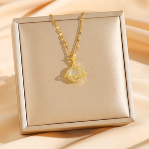 Titanium steel gold planet necklace featuring cat eye stone and zircon in a luxury jewelry box