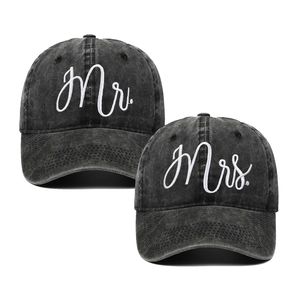 Washed Cotton Baseball Cap Retro Distressed Mr Mrs Embroidery Adjustable Sun Hat For Couples Wedding Trip