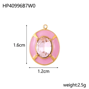 Pink enamel pendant with clear zircon and gold metal detailing, size 1.6cm by 1.2cm