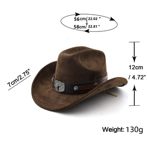 Detailed view of wide brim fedora with turquoise studs and engraved bull head buckle