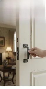 Close-up of vintage black cast iron door handle with textured finish on a wooden door