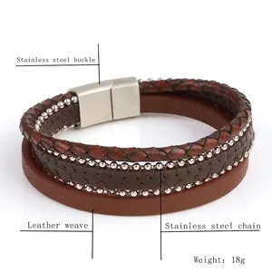 Three-layer brown leather woven bracelet with stainless steel beads and magnetic buckle