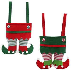 Christmas elf pants gift bags in red and green felt with striped legs and soft pom-poms