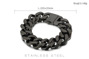 Detailed specs of 20mm black stainless steel Cuban chain bracelet showing size and weight