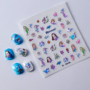 5D embossed mermaid ocean nail stickers with 3D seashells dolphins and sea life