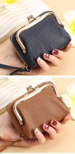 Litchi pattern leather card holders in navy and brown with wristlet and gold hardware