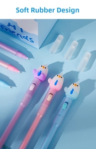 Detail of cute soft rubber chick pens in purple, pink and blue with built-in LED light