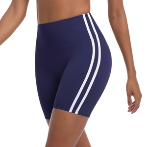 Navy blue high waisted yoga shorts with white side stripes for athletic workout wear