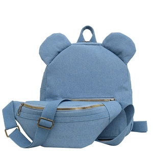 Blue denim canvas backpack set with cute ears and matching waist bag for travel