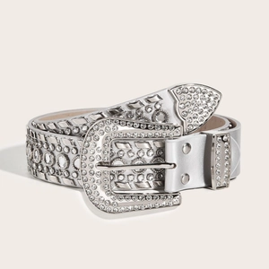 Cintura larga stile Y2K punk in ecopelle argento con strass scintillanti e borchie