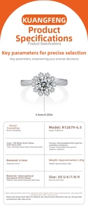 Detailed size and material chart for the S925 sterling silver sunflower moissanite ring