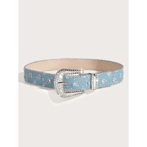 Vintage light blue denim belt for women with sparkling rhinestone buckle and metal eyelets