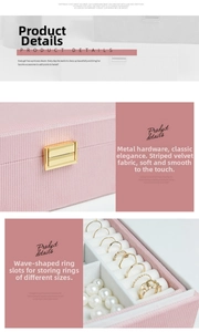 Detailed view of striped velvet jewelry box featuring golden clasp and wavy ring slots