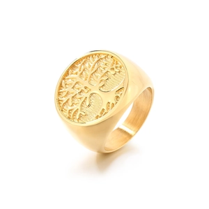 Vintage gold plated stainless steel signet ring featuring a detailed Tree of Life design