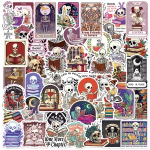 Gothic Skeleton Reading Theme Stickers Waterproof Vinyl Decals For Laptop Water Bottle Skateboard Phone Case Dark Academia Style