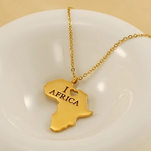 Gold plated stainless steel Africa map necklace with I Love Africa cut-out design