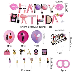 Cosmetic party decorations set including banner, makeup theme balloons and cake toppers