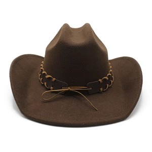 Classic dark brown felt western cowboy hat with a braided leather band and front bow detail