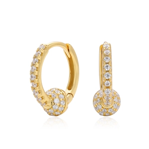 Detail of S925 sterling silver huggie earrings with gold-plated zircon pavé ball charm