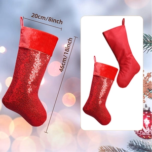Large red sequin Christmas stocking for home decor, sized 46cm long with velvet cuff