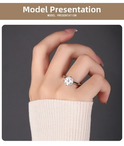 Close-up of classic six-prong round moissanite ring on finger in s925 silver