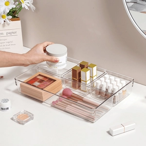 Transparent plastic drawer organizer set with multi-compartment design for makeup storage