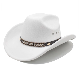 Detail view of white wool western cowboy hat with woven band and gold metal rivet