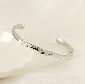 Minimalist silver irregular wave texture open cuff bracelet in liquid metal style