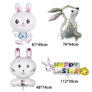 Detail showing assorted Easter foil balloons with rabbit shapes and Happy Easter banner