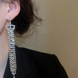 Macro detail of long silver fringe earrings with tassels on model against warm background