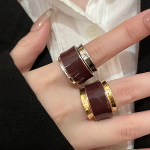 Dual-layer wide open ring with dark enamel inlay in gold and silver finish options