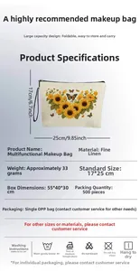 Detailed view of linen makeup bag with sunflower print and 17x25cm dimensions table