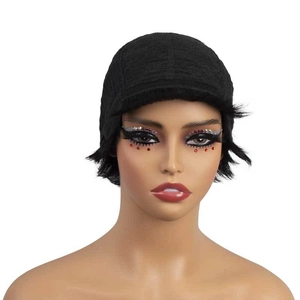 Short black human hair pixie cut wig for women styled as a sleek bob with a natural look