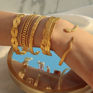 French vintage 18K gold plated Cuban chain and cuff bracelets set for women