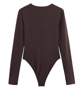 Flat lay macro view of brown long sleeve bodysuit with elastic shiny fabric on white background