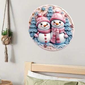 Detail of a 3D effect round wall sticker featuring two cute snowmen with pink hats and scarves