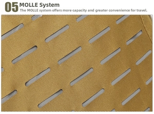 Close-up of laser-cut MOLLE system on durable waterproof outdoor tactical backpack