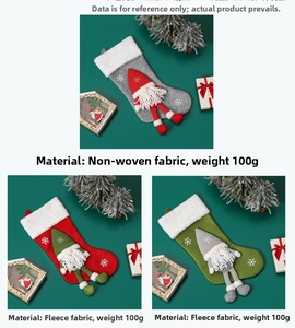 Three Christmas gnome stockings in red, green and grey with snowflake embroidery and 3D plush
