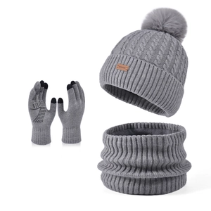 Three-piece winter knit set with pompom hat, thick neck warmer and touchscreen gloves