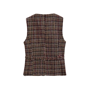 Women's multi-color tweed vest featuring textured knit fabric and back decorative strap