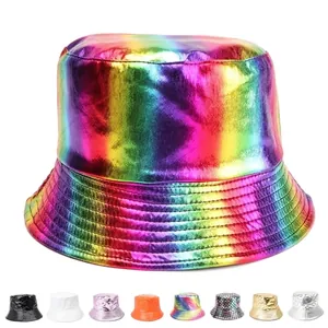 Shiny Patent Leather Bucket Hat Metallic Holographic Laser Reversible Sun Protection Fashion Fisherman Cap Men Women