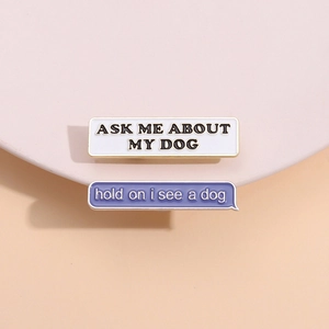 Cartoon dog enamel pins set with Ask Me About My Dog and Hold On I See A Dog text