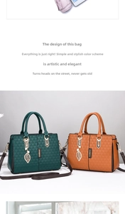 Detail view of large tote bags in green and brown with geometric pattern and leaf pendant