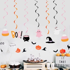Halloween spiral hanging decorations set with pink ghost, witch hat and Boo art lettering