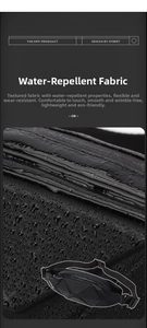 Detailed close-up showing water-resistant synthetic fabric with droplets on black chest bag