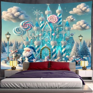 Detailed 3D cartoon Christmas tapestry with Santa, reindeer, and ice castle bedroom decor