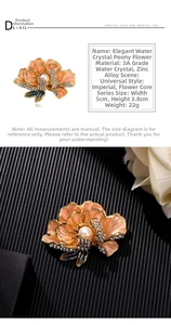 Macro detail of enamel peony brooch featuring pink petals with sparkling crystals