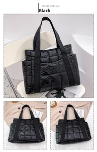 Detailed views of a black quilted puffer tote bag with glossy nylon and wide straps