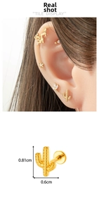 Macro view of gold cactus flat back stud earring with 0.81cm by 0.6cm dimensions